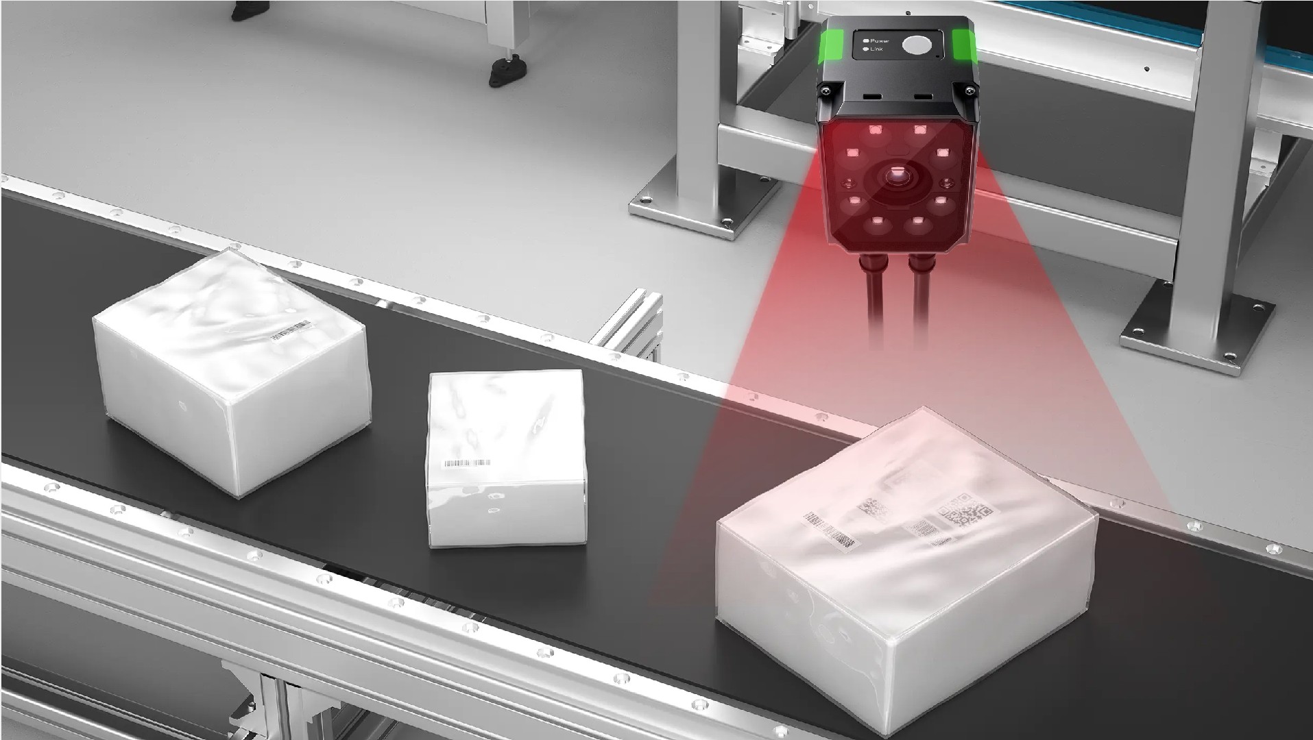 Barcode reader tracking packages on a conveyor